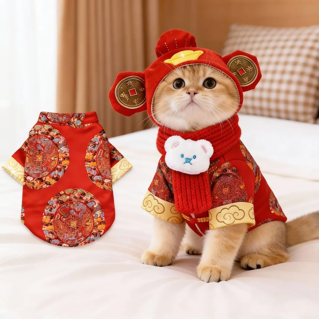 加厚唐装ペット服：子供と暮らす短毛猫に最適な冬用保暖ファッション