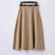 カーキ色のAラインスカート【夏用・高腰・上品なデザイン・ゆったりシルエット】