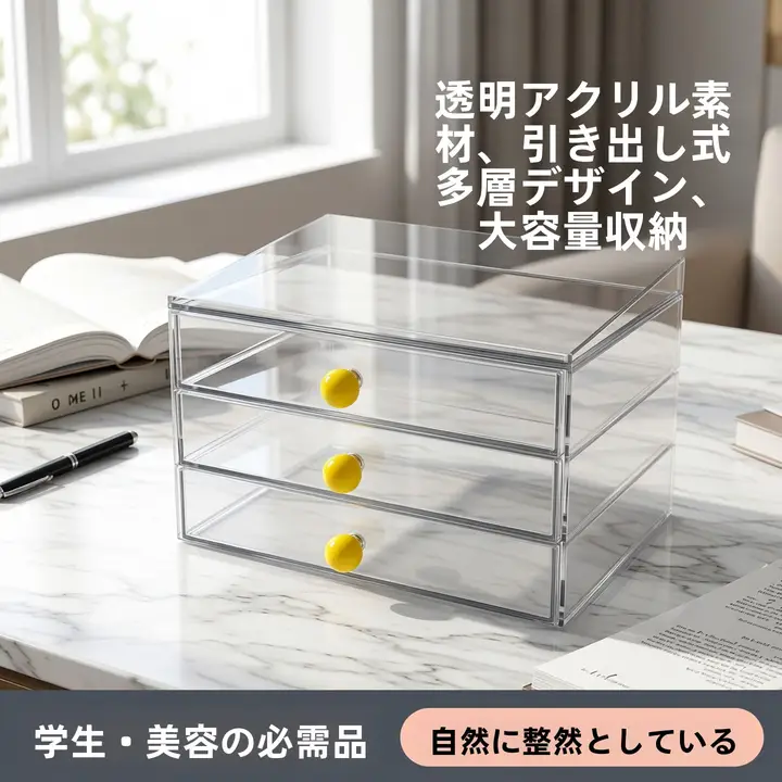 透明アクリルデスク収納ボックス【引き出し式・多段・大容量・学生用・化粧品収納】