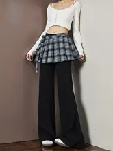 デザイン感あふれるチェック柄のレイヤード風パンツ【黒・スリム効果・フレアザイン】（セットアップ対応）