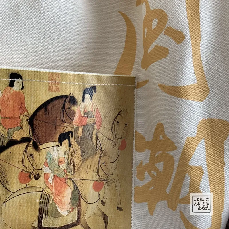 大容量帆布製ショルダーバッグ：中国風イラストデザインで日常使いに最適な選択