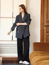 レトロ風 ダブルブレスト金ボタン グレーのカジュアルブレザー【トレンチカラー・ゆったりフィット・通勤用】