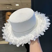 優雅なパールレース付き広ツバ麦わら帽子【女性用・UVカット・アウトドア用】