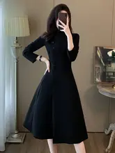 ヘプバーン風ブラックロングワンピース【春秋用・高級感・コートに合わせやすい】