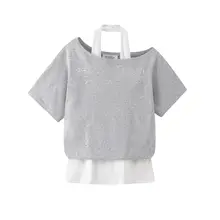 Tシャツ トップス レディース フェイクレイヤード 英字プリント ラウンドネック 半袖 グレー ゆったり カジュアル デイリー サマー 「XinmonLee」
