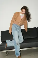 ヴィンテージ風ウォッシュ加工ハイウエストファッション穴あきワイドデニムパンツ（セットアップ対応）