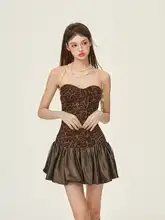 GirlyFancyClub 肌見せフラワーデザインタフタチュニックワンピース【ヒョウ柄・ポンポンスカート】