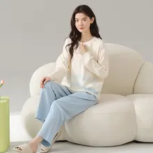 極上の柔らかさの綿製女性用パジャマ【秋冬用・シンプルデザイン・外出可能】