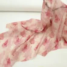 透け感ある胭脂粉色の不規則な葉のぼかし柄ストライプリネン生地【漢服用・非常に柔らかい】