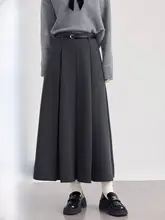 グレーのプリーツロングスカート【高ウエスト・Aライン・大きいサイズ・秋用】（セットアップ対応）
