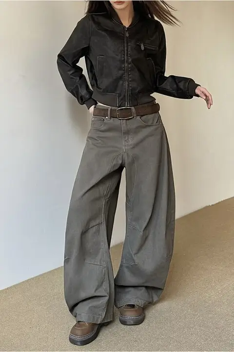 ユニセックス ワイドレッグデニムパンツ【レトロデザイン・ルーズフィット・スリット入り】
