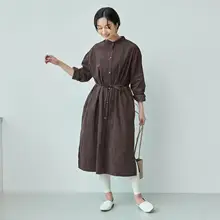 秋用 チェック柄コーデュロイシャツ【女性用・スタンドカラー・長袖・ウエストベルト付き】