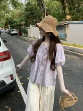 ピンク系ラベンダーカラーのレース切替バルーンスリーブブラウス【夏用・柔らか短袖・ドールシャツ】