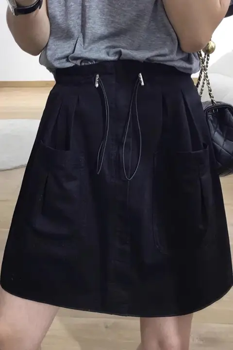 大きいサイズ レディース 抽绳ウエスト Aラインタイトスカート【夏用・ハイウエスト・大口ポケット・工装スタイル】
