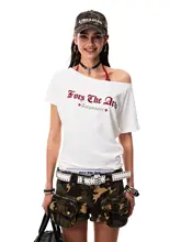 斜め肩デザインのレトロな短袖Tシャツ【クロスプリント・ゆったりシルエット・夏用】