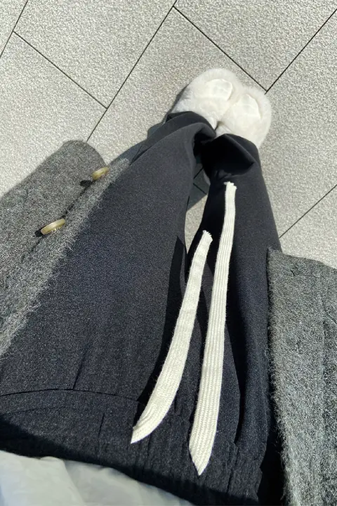 深灰色の糯米風カジュアルパンツ【秋冬用・ハイウエスト・ゆったり・ワイドレッグ】（セットアップ対応）