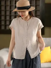 レトロデザインのリネンシャツ【フリル付き・ボタン留め・女性用・夏用】