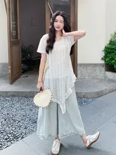 清楚な夏のコーディネート【不規則なレースブラウス・半袖・フレアパンツ】（セットアップ対応）