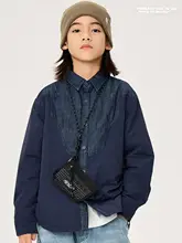 深い青のパッチワークキッズシャツジャケット【秋冬用・裏地が暖かい】