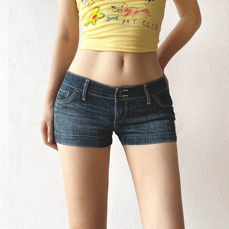 美式レトロ風 ローライズデニムショートパンツ【体型カバー・パーフェクトヒップライン】（セットアップ対応）