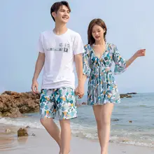 カップル水着【分体・保守的デザイン・男女兼用・海辺のリゾートに最適・ビーチパンツ付き】（セットアップ対応）