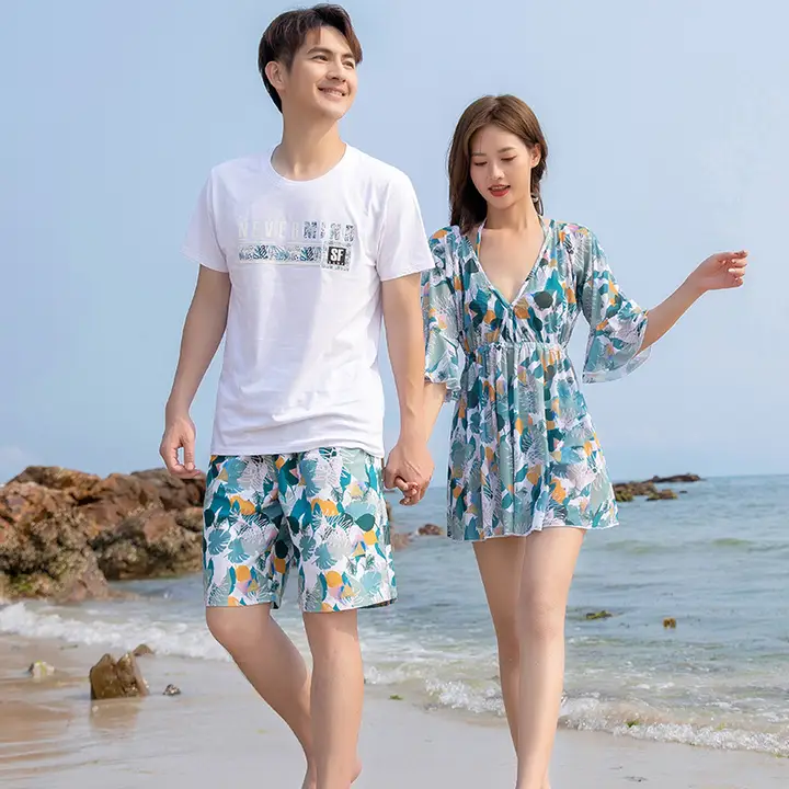 カップル水着【分体・保守的デザイン・男女兼用・海辺のリゾートに最適・ビーチパンツ付き】（セットアップ対応）