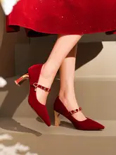 赤い結婚式用ハイヒール【中華スタイル・粗いヒール・リボン付き・ダンス対応】