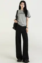 レディース 夏用黒色ワイドレッグデニムパンツ【ハイウエスト・フィット・ストレート】（セットアップ対応）