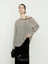 ストライプ柄の長袖Tシャツ【肩出しデザイン・ラウンドネック・女性用】