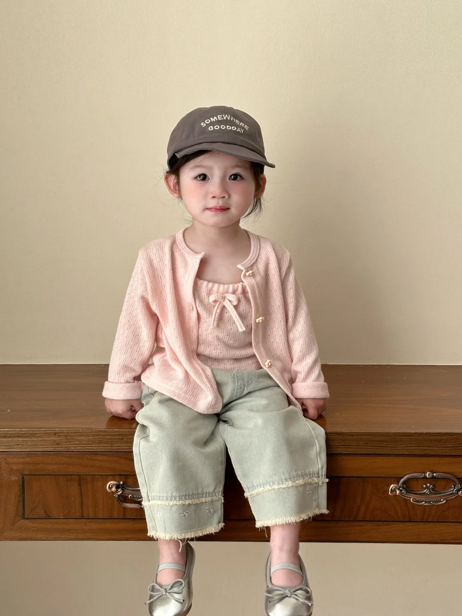 女の子用デニムパンツリボン付きワイドレッグストレート：カットオフデニム2026の代替としての選択肢