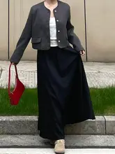 黒色Aラインスカート【梨型体系カバー・春季・ロング丈・足首まで】（セットアップ対応）