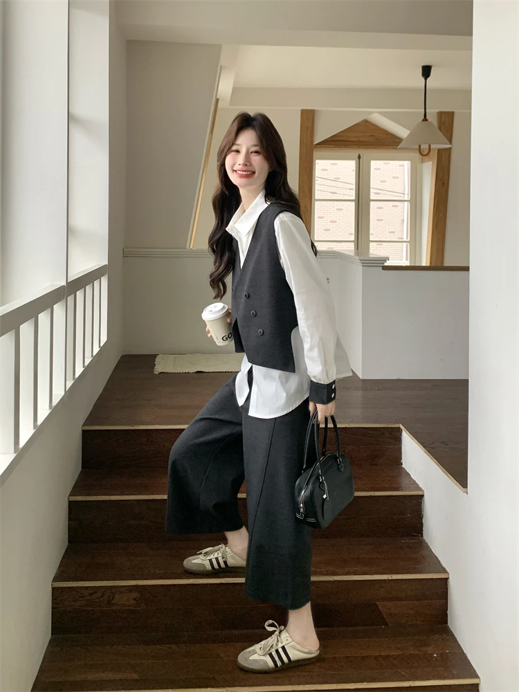 韓国風の学院スタイルベストとシャツ、ワイドパンツの春秋コーディネート（セット アップ対応）
