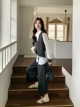 韓国風の学院スタイルベストとシャツ、ワイドパンツの春秋コーディネート（セットアップ対応）