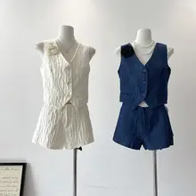夏季 韓国風 ダブルブレスト ノースリーブ ショートベスト とハイウエスト プリーツ ワイドパンツ（セットアップ対応）