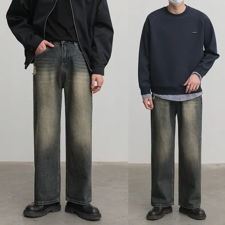 デニムパンツ メンズ ワイド ストレート ダメージ加工 ウォッシュ加工 ヴィンテージ 韓流 ストリート カジュアル 「ZPZ」