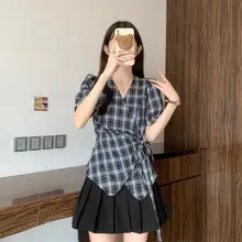 極上の柔らかさのチェック柄 半袖シャツ【女性用・ウエストシェイプデザイン】（セットアップ対応）