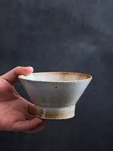 レトロデザインの手作り陶器スープボウル【厚手・高脚・ストライプ模様・家庭用】