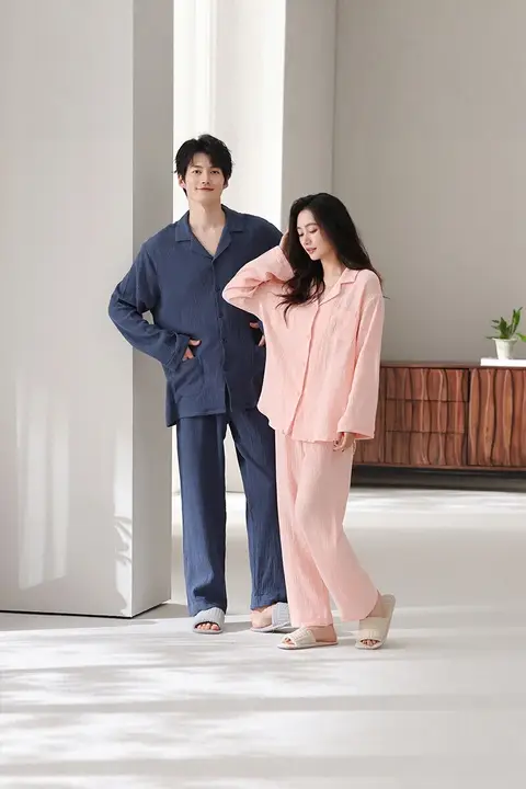 猫デザインの純綿パジャマ【春秋用・カップル・二重ガーゼ・男女兼用】（セットアップ対応）