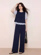 気品あるデザインの夏用大きいサイズ 上下セット【デニムブルー・パッチワークデザイン】（セットアップ対応）