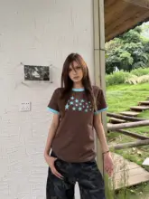 アメリカンビンテージ風 カラー星柄プリントカップル用半袖Tシャツ【ラウンドネック・ゆったりサイズ】（セットアップ対応）
