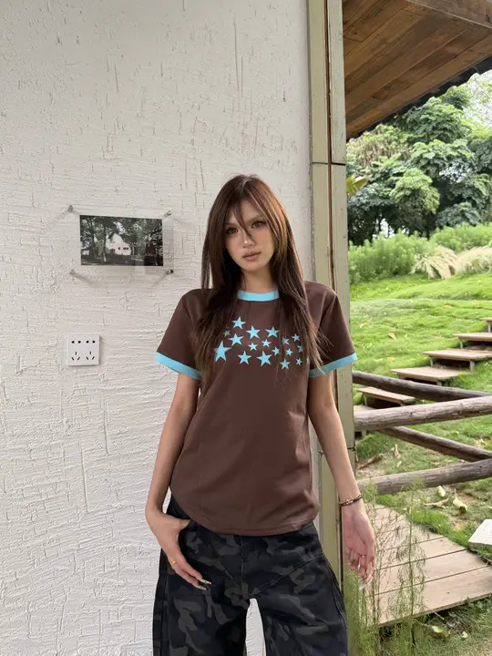 アメリカンビンテージ風 カラー星柄プリントカップル用半袖Tシャツ【ラウンドネック・ゆったりサイズ】（セットアップ対応）