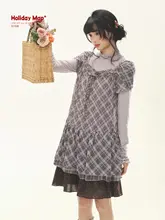 復古風フリル裾のスクエアネックチェック柄シャツワンピース【春向け・女性用】