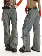 ユニセックス古着風ワイドレッグデニムパンツ【多ポケッ  ト・ウォッシュブルー・ストリートスタイル】（セットアップ対応）