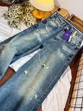 ヴィンテージ風 ブルー破れデニムパンツ【ストレート・ルーズフィット・秋用・梨型シルエット】（セットアップ対応）