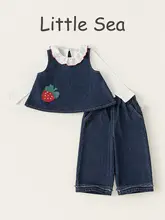 デニム 3点セット キッズ ガールズ フレンチ風 ヴィンテージ おしゃれ いちご刺繍 ベスト ブラウス パンツ 秋