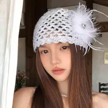 ビーニー レディース スローチニット帽 手編み フレンチ風 フェザー クロシェ 透かし編み 小顔効果 着回し