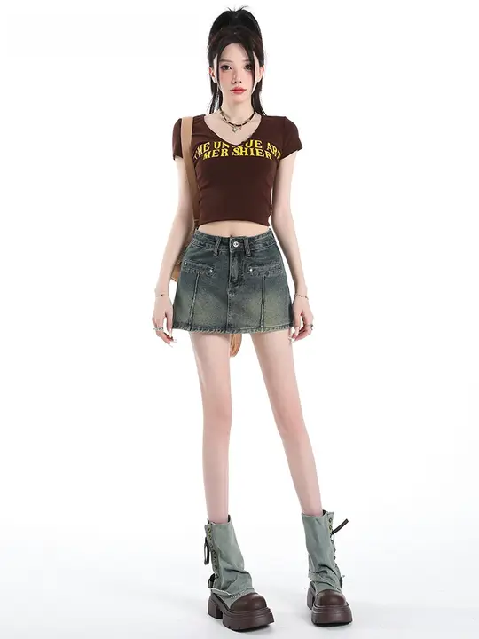 ヴィンテージ風デニムミニスカート【ハイウエスト・Aライン・女性用】（セットアップ対応）