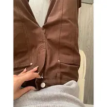 高腰ワイドフィットのレトロ風ブラウンデニムパンツ【シルエット・女性用・夏用】
