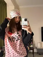 斜め肩デザインのドット柄長袖Tシャツ【春用・女性用・露出デザイン】（セットアップ対応）