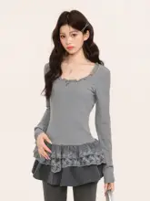 レース切り替えフリル袖Tシャツ【ウエストシェイプ・Uネック・長袖】